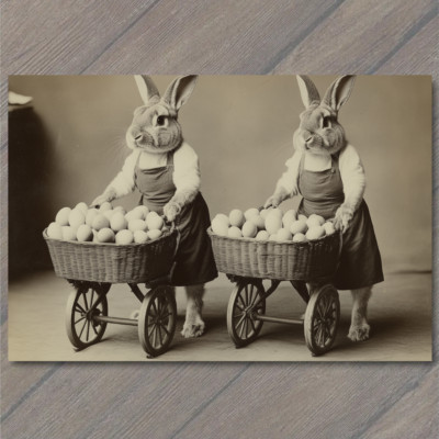 POSTCARD Easter Bunnies Basket Eggs Old-Fashioned Farmhouse Rustic Rabbit