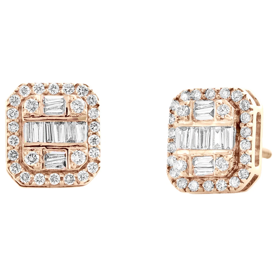 10K Rose Gold Round & Baguette Diamond Square Stud 9mm Cluster Earrings 0.69 CT.