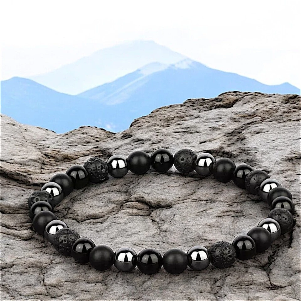 Bracciale in Pietra Lavica Nero Acciaio Argento Pietre Perle braccialetto Uomo - Immagine 4 di 4