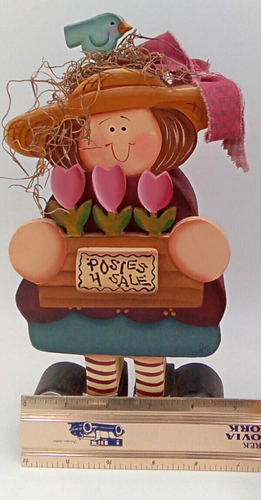 Primitive Folk Art Wood Doll Rustic Country Floral Bird Hat Flat Stand Alone 10" - Picture 6 of 7