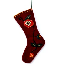 Felted Wool Folk Art Floral Applique Embroidery Christmas Stocking Ornament 7"