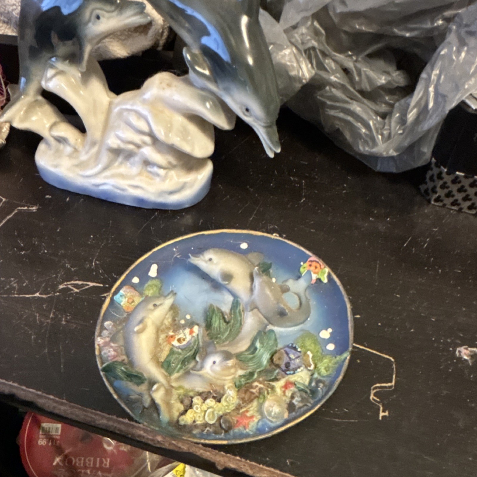 Ceramic Dolphin Figurine and Decorative Plate Collectible Set