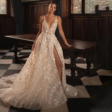 V-neck Wedding Dress Slit Lace Appliques Sleeveless A-line Backless Bride Gown