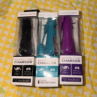 Wireless Gear Rapid Car Charger Micro-USB 5ft Cable Android Black Teal Purple