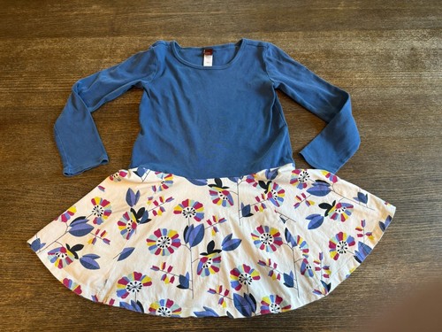 Tea Collection Girls Twirl Dress Size 7 Blue White Floral Long Sleeve