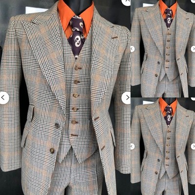 Plaid Mens Suits Peak Lapel Formal Business 3 Piece Blazer Wedding Groom Tuxedos