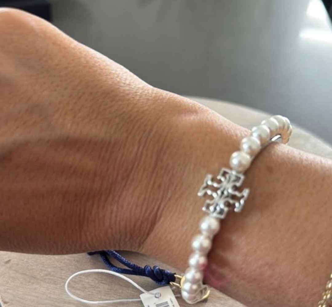 Tory Burch Pearl Beaded Bracelet Silver-Tone, Round Shape, Logo Accent, Signed