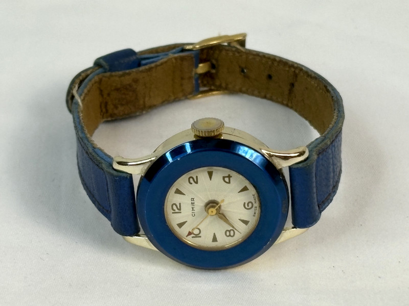 VINTAGE CIMIER LADIES WATCH BLUE BEZEL GOLD TONE CASE MANUAL WIND WRISTWATCH