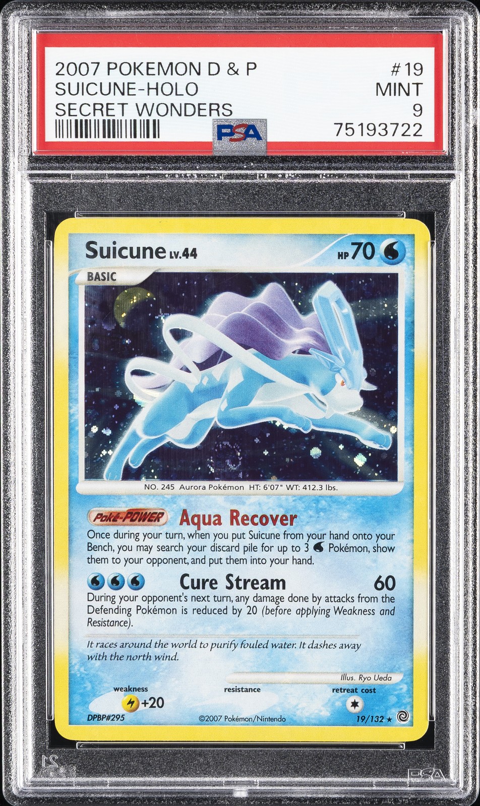 2007 POKEMON DIAMOND & PEARL SECRET WONDERS #19 SUICUNE-HOLO PSA 9