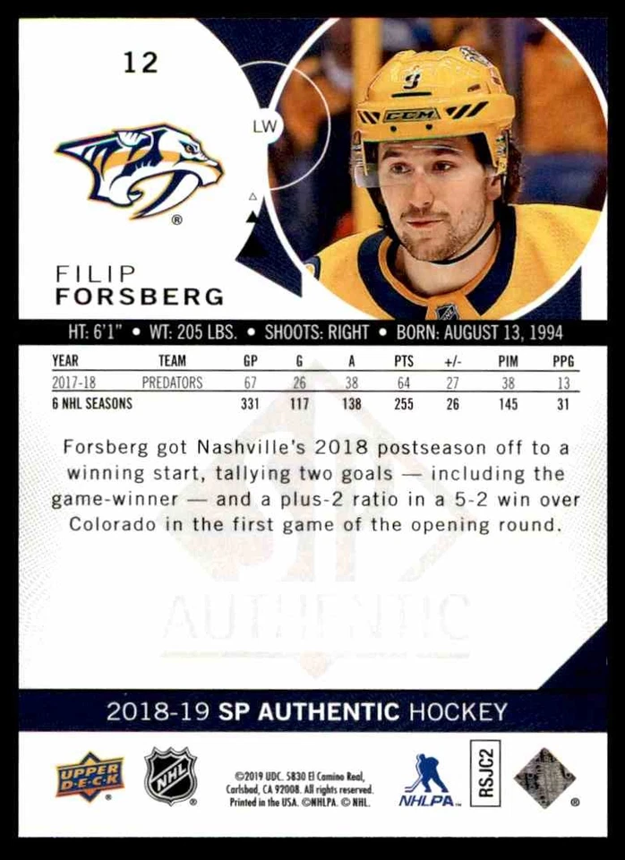 2018-19 SP Authentic Filip Forsberg #12 - Image 2 of 2