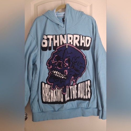 6th NBRHD"Broken Rules"Blue Hoodie with Graphic Skull Embroidery Design Sz L