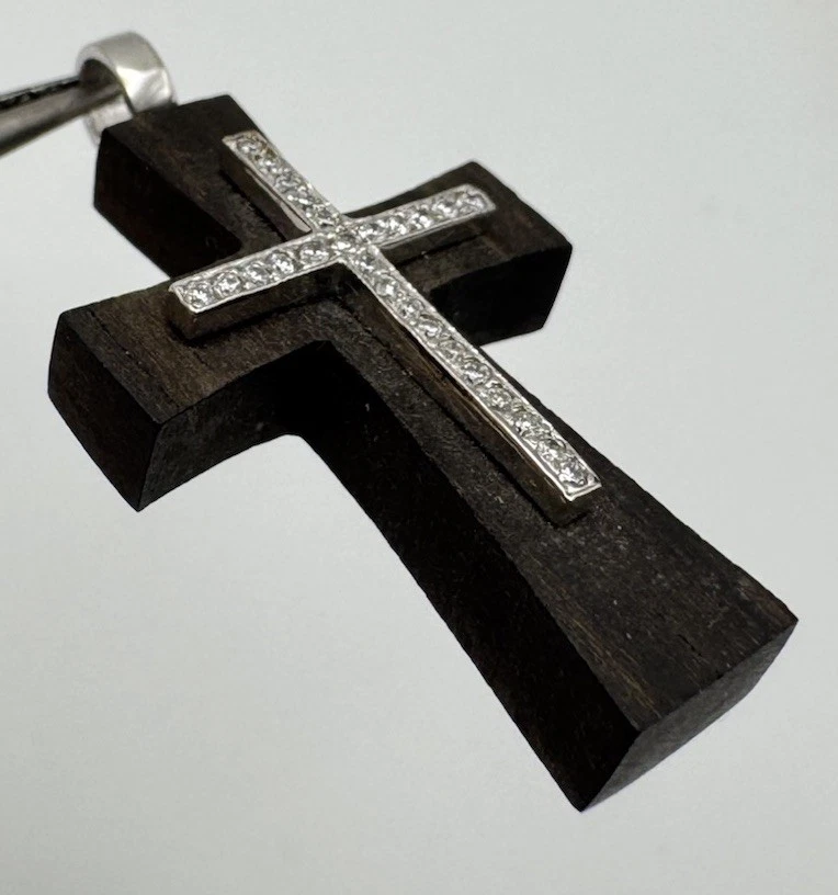 Beautiful 18k White Gold & Wood Diamond Cross Pendant 1 3/8” - Image 4 of 4