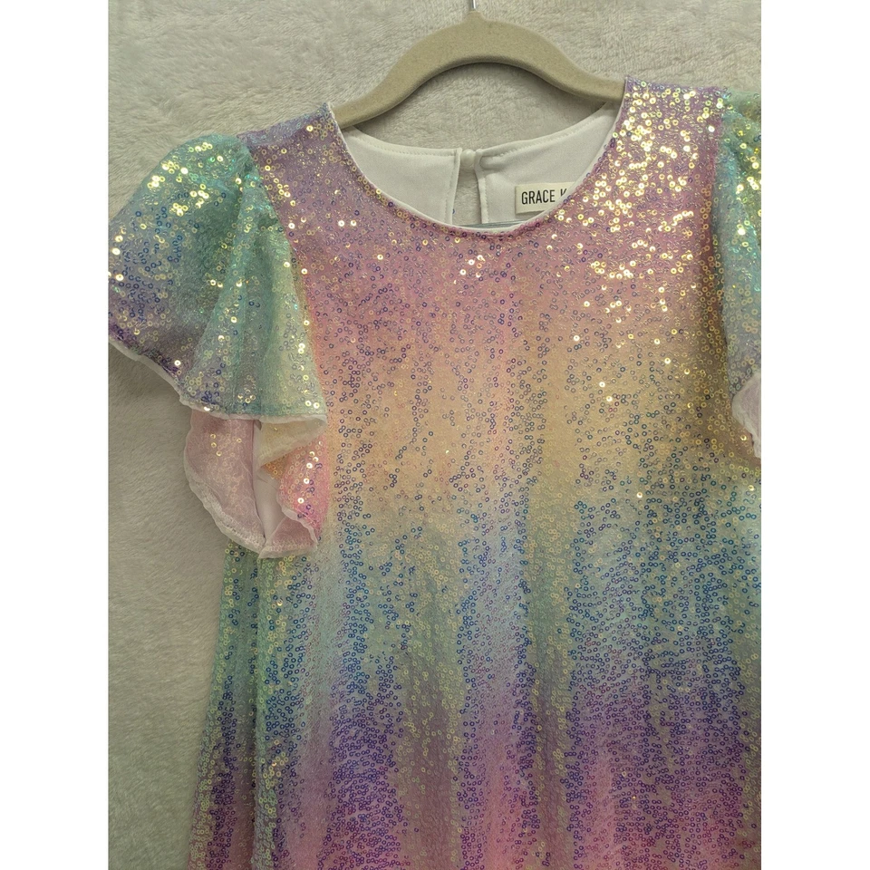 Vestido de festa Grace Karin meninas lantejoulas arco-íris manga esvoaçante tamanho formal 10Y - Imagem 2 de 4