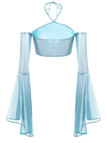 Womens Sheer Crop Tops Halter Flared Long Sleeve Mesh T-shirt Cover Up Clubwear - Picture 17 of 44