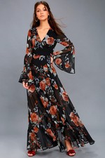 Lulus Multi-Floral Balloon Sleeve Dress Party Event Romantic Black/Red -Size M