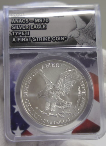 2021 Type II US Silver Eagle $1 ANACS MS70 First Strike Coin..