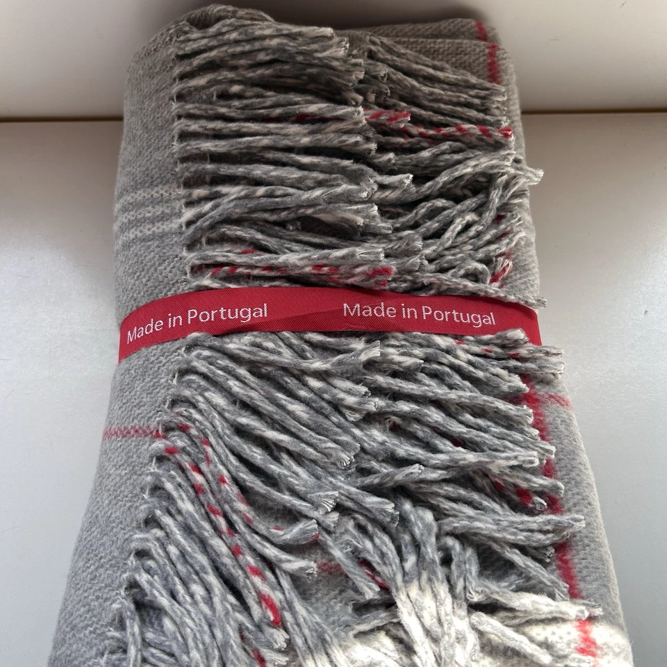 Roca Home Throw Blanket Made in Portugal Cotton Blend Grey Red Ivory 50”x67” - Image 2 of 4