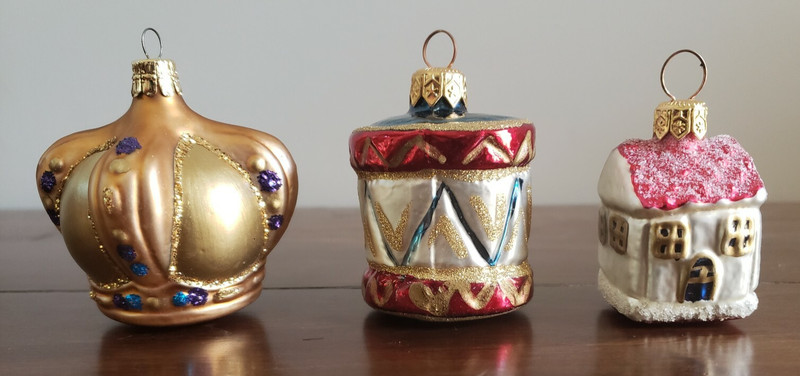 NMWOT Set of 3 Glass Christmas Ornaments - Drum, Crown, Cottage VINTAGE EUROPE