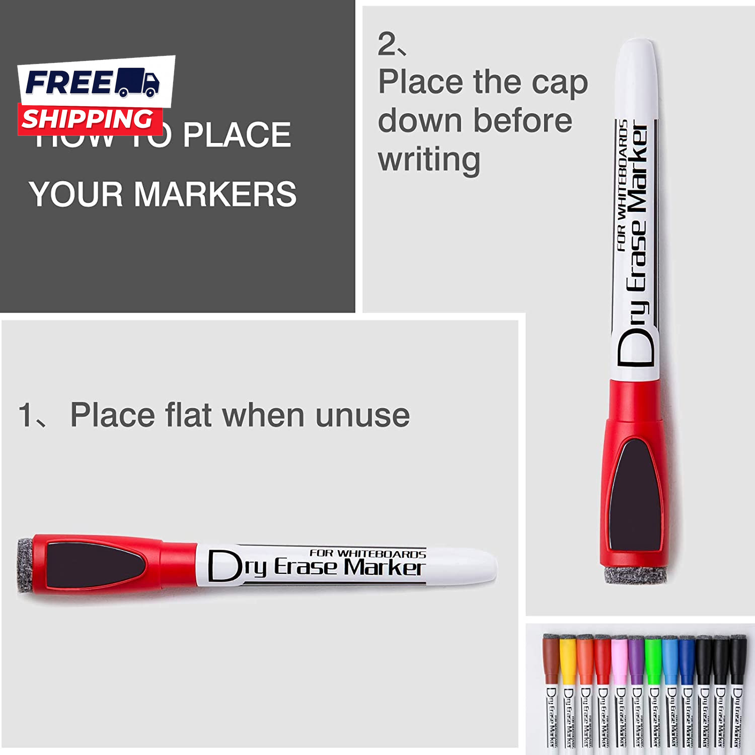 Magnetic Dry Wipe Pens Dry Erase Markers with Eraser Cap Low Pack of 12,10 Color