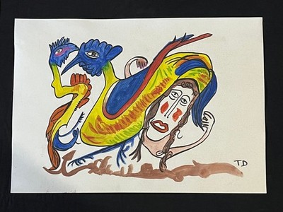 THORNTON DIAL drawing and painting on old paper signed stamped vintage