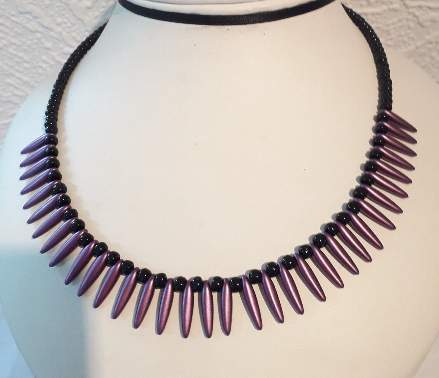 NECKLACE GOTH CZECH PURPLE SPIKE & BLACK MIYUKI SEED BEAD TOGGLE 16-20 UNISEX