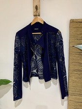 Kaleidoscope Navy Blue Lace Crochet Lazer Cut Biker Short Bomber Jacket Size 12
