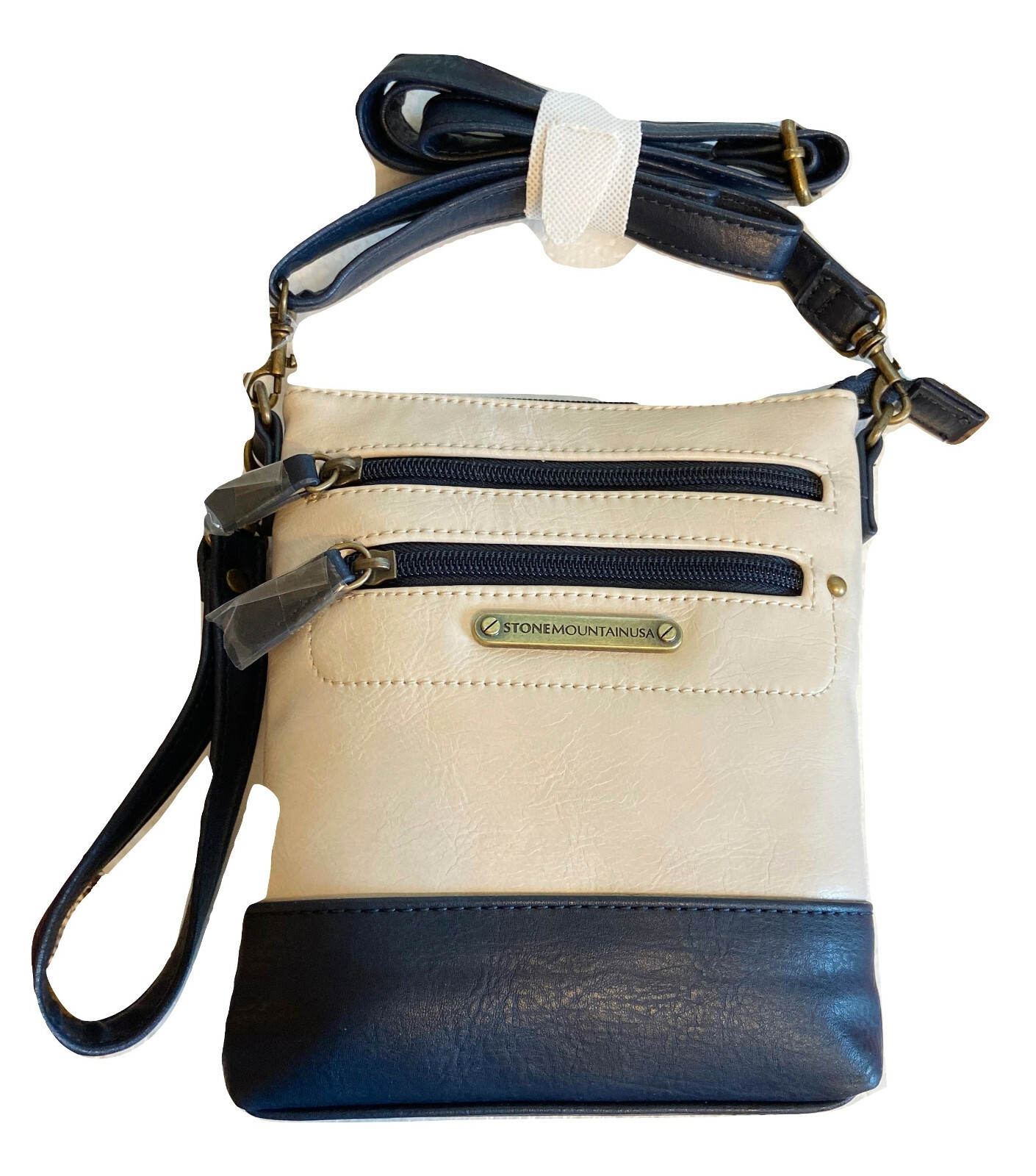 Stone Mountain Bonded Leather Navy Blue Tan Design Bagger Wristlet,Clutch 3 in1