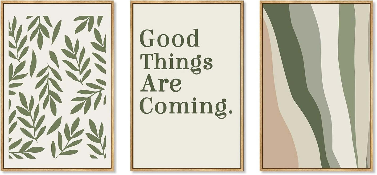 3Pcs Green Leaf Framed Canvas Prints Wall Art, Minimalist Botanical Flower Home