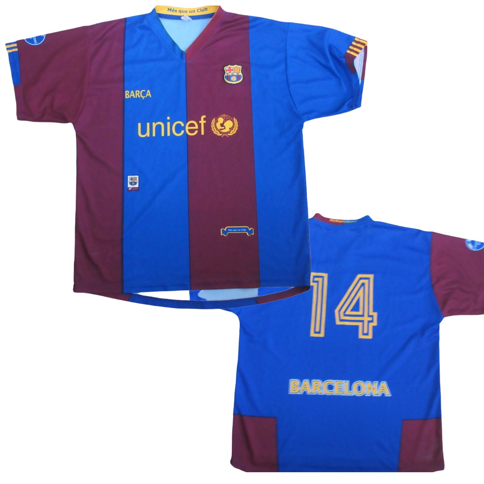 FC Barca Mens Large FCB Jersey Short Sleeve Futbol Blue 14 “Mes Que Un Club”