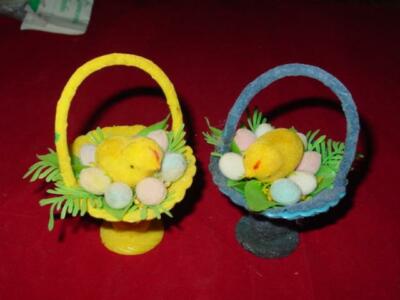 (2) Vintage Flocked Easter BASKETS w/ Chicks & Eggs - Spring Blue Yellow - RARE