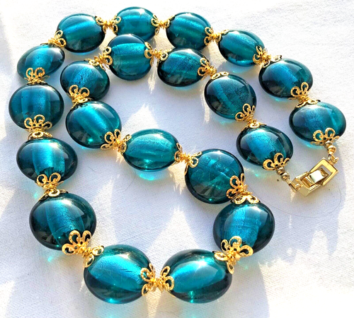 Collier Long Perles De Verre Murano Bleu Inclusion - Plaqué Or - Neuf Sans Boîte