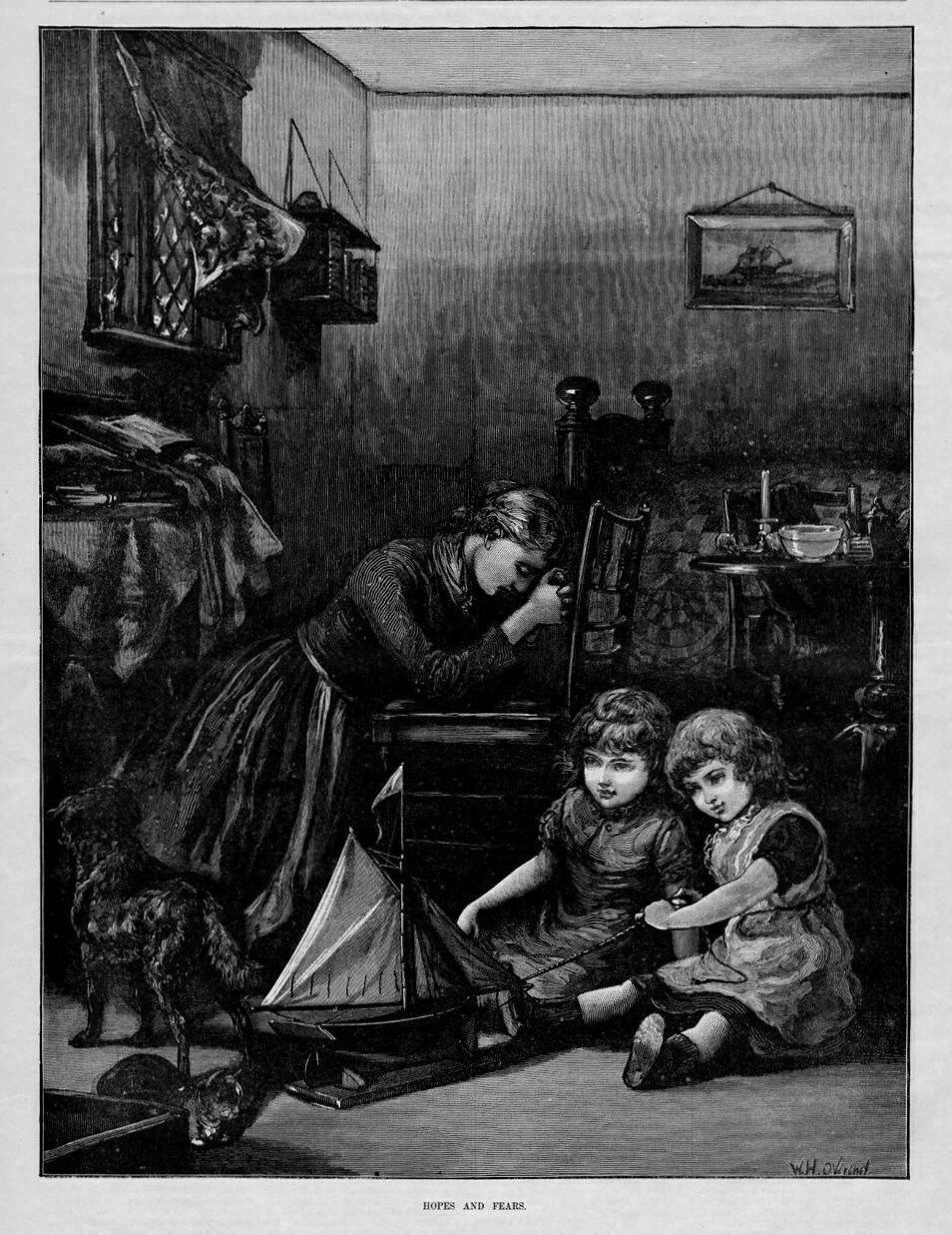 SAILORS WIFE PRAYING FOR HER HUSBAND AT SEA CHILDREN DAUGHTERS PLAY TOY SAILBOAT