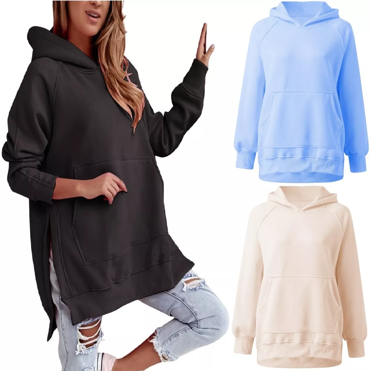 Ladies High Neck Hem Side Slits Hoodie Women s Long Sleeve