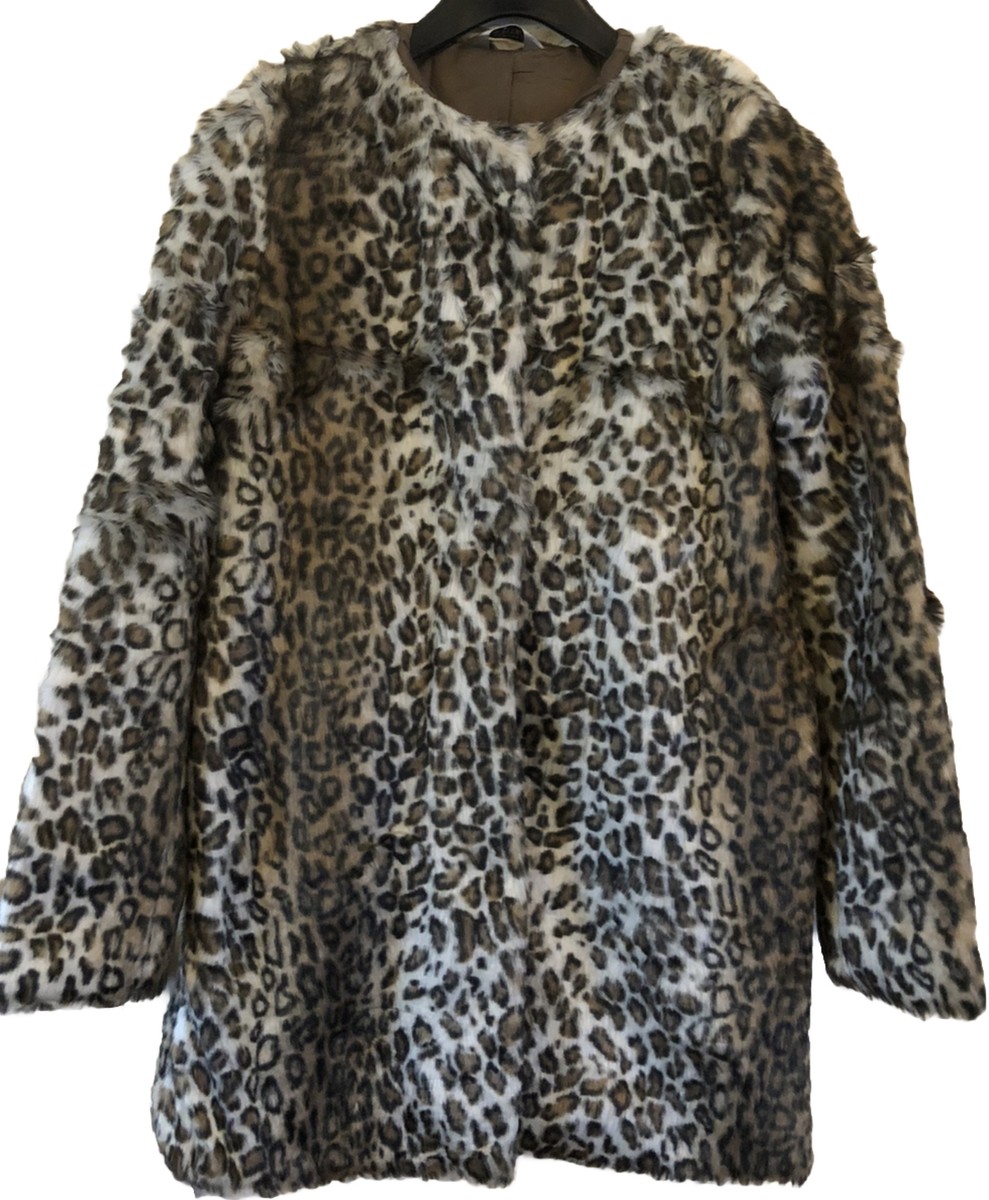 🤎🖤TOPSHOP Faux Fur Leopard Animal Print Collarless Coat UK PETITE  Excellent