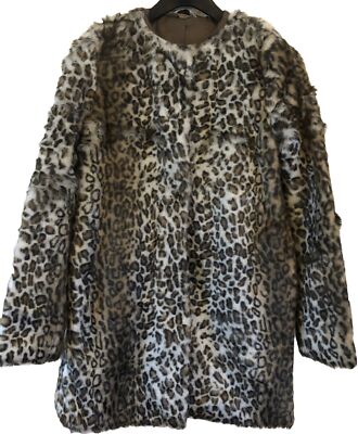 🤎🖤TOPSHOP Faux Fur Leopard Animal Print Collarless Coat UK