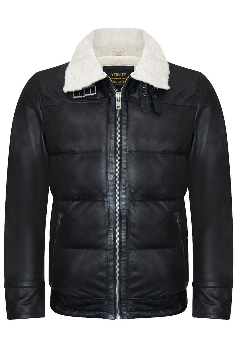 Homme Noir Aviateur Veste Cuir Matelassé Blouson Chaud Motard