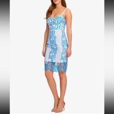 Women Formal Dress Size 10, 16 GUESS White Blue Spaghetti Strap Cocktail Sheath