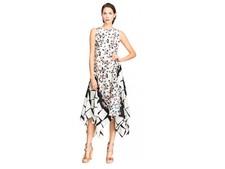 SUNO sleeveless asymmetric floral/cube print silk dress short version ASO Runway