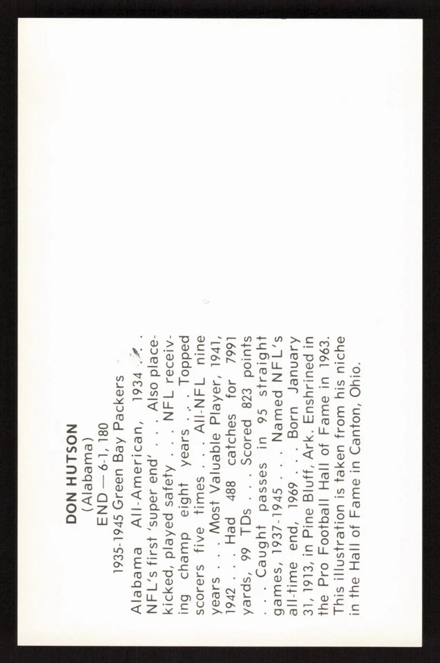 Don Hutson Black & White Hall of Fame Postcard HOF Alabama Green Bay Packers - Image 2 of 2