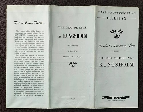 1960s Swedish American Line MS Kungsholm First & Tourist Class Deckplan Brochure - Picture 4 of 5
