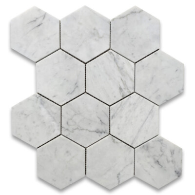 C34XH 4'' Honed Hexagon Carrara White Venato Carrera Marble Mosaic Floor Tile