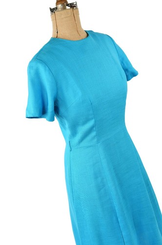 Vintage 60s Bright Aqua Blue Linen Short Sleeve Kick Pleated Mod Retro Dress S - Picture 3 of 6