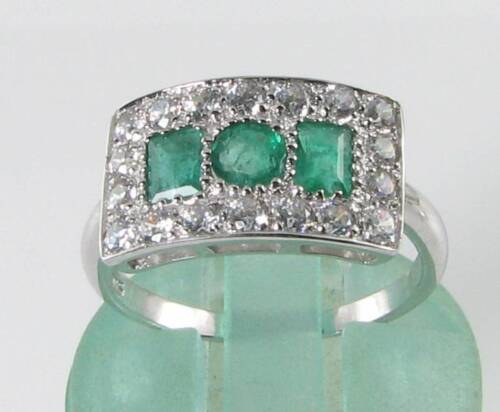 CLASS 9k 9CT WHITE GOLD EMERALD MOISSANITE DIAMOND ART DECO INS RING FREE RESIZE - Afbeelding 1 van 5