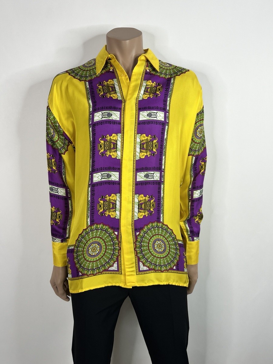 GIANNI VERSACE イエローポロシャツ Vtg GIANNI VERSACE 1991 YELLOW PURPLE PRINT SILK SHIRT 44 XS