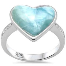 Heart Shaped Natural Larimar CZ .925 Sterling Silver Ring