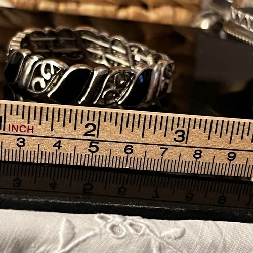 Silver Tone Scroll Wide Stretch Bracelet Silver Tone w/ Black Stone - Picture 6 of 16