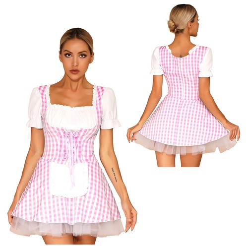 Women Ruffle Puff Short Sleeve Lace-Up Plaid Print A-Line Lace Maid Mini Dress - Picture 27 of 35