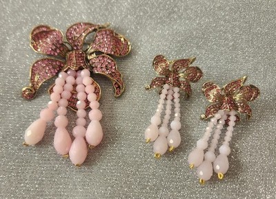 Heidi Daus Inspired Pink Orchid Brooch And Earring Set