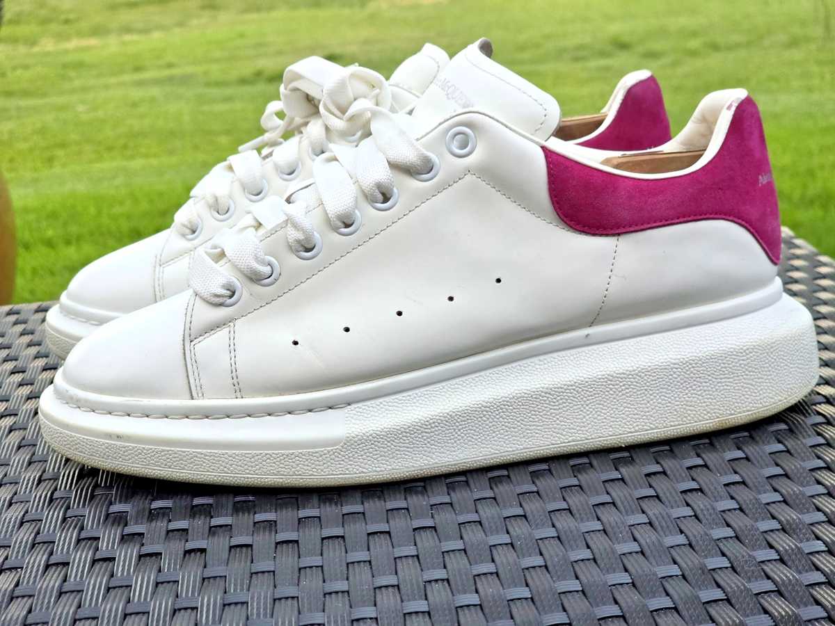 Alexander McQueen Oversized Sneakers White Fuchsia Suede Heel Mens