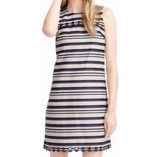 J CREW Navy Beige Stripe Cotton Scalloped Grommet Trim Shift Dress sz 10 E8993